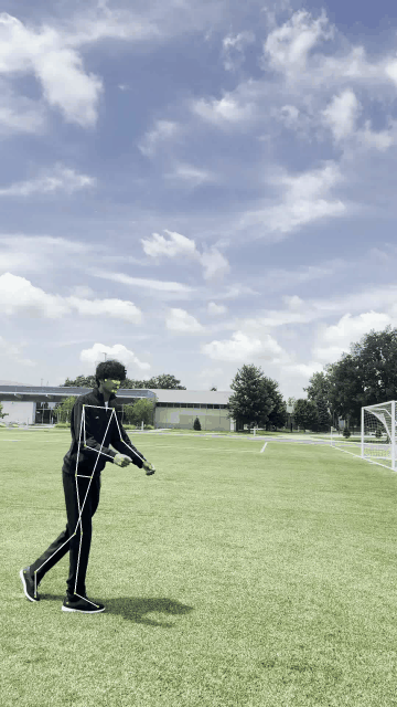 Annotated jump: pose skeleton with take-off and landing flags and a live metric readout